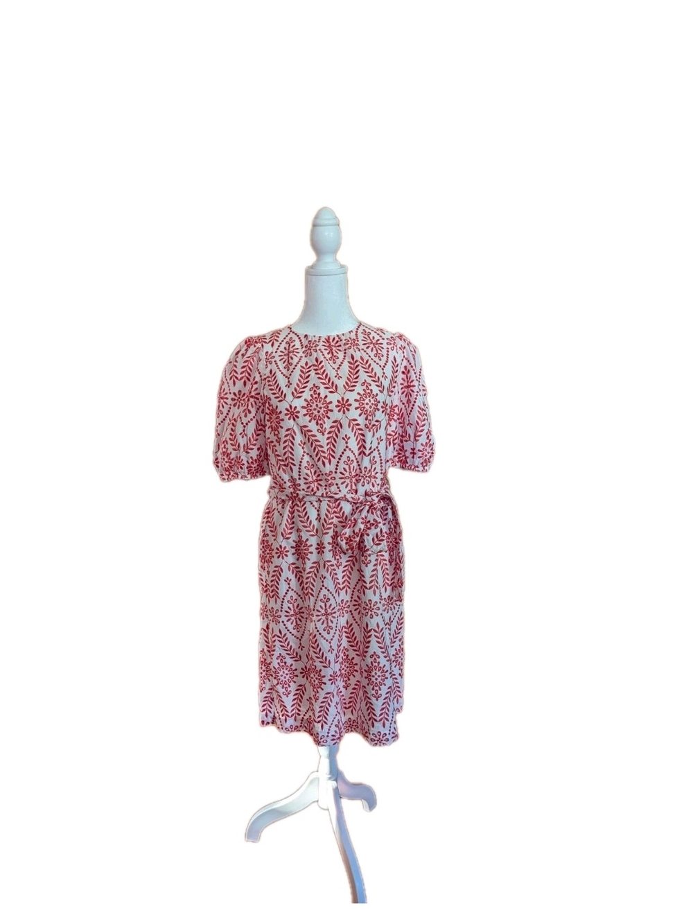 Ann Taylor Red White Floral Eyelet Dress Tie Waist Short Sleeve Dress Sz XS - Picture 3 of 12
